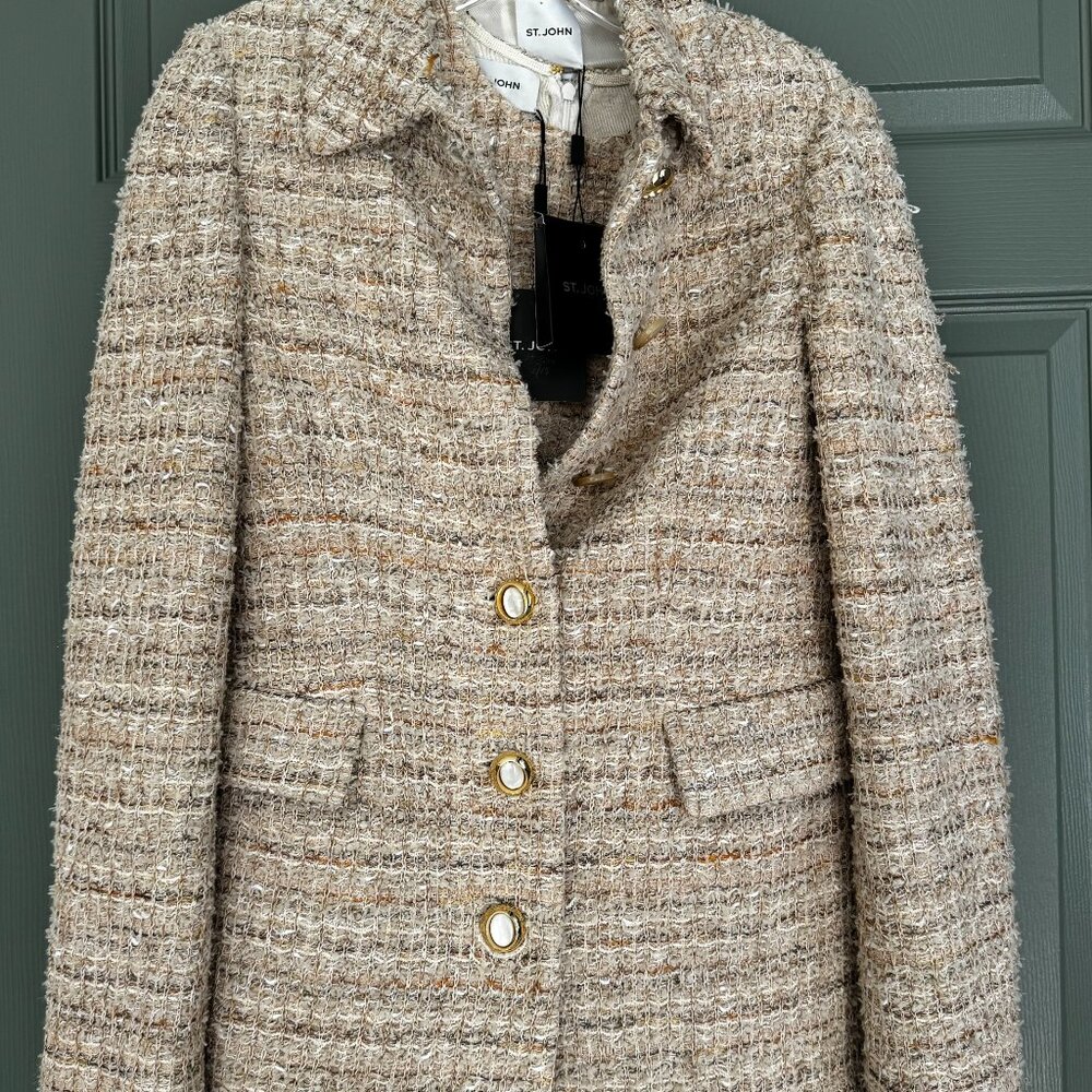 NEW ST. JOHN NUBBY BOUCLE SLEEVELESS DRESS & JACKET SUIT SET 4 8 NEUTRAL TAN NWT